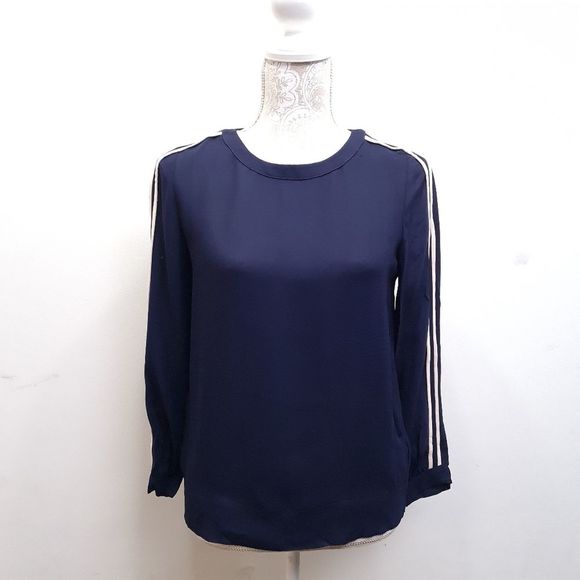 J. Crew Double Stripes Crepe Top Blouse Navy Womens Size 00 - Picture 2 of 16